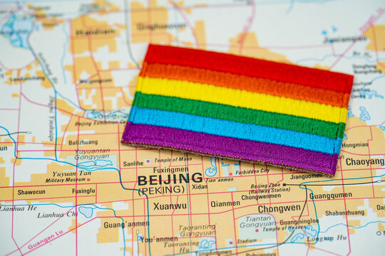 Close up of Beijing map with rainbow pride flag.