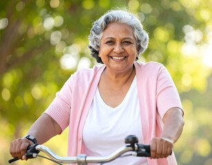Obraz premium Smiling Senior Woman Riding Bicycle in Sunlit Park