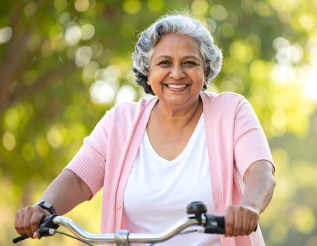 Smiling Senior Woman Riding Bicycle in Sunlit Park