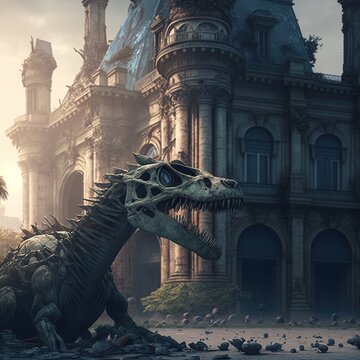 Ruined Paris city with roaming dinosaurs in a post-apocalyptic landscape.