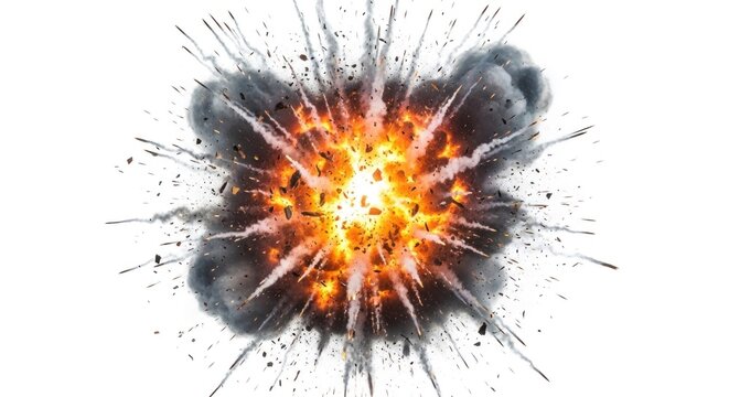 A massive explosion occurs with fire and smoke on a white background.