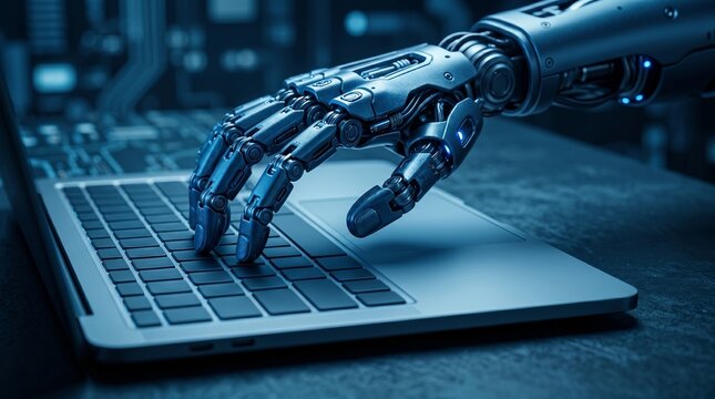 A robotic hand pressing keys on a modern laptop keyboard in a workspace