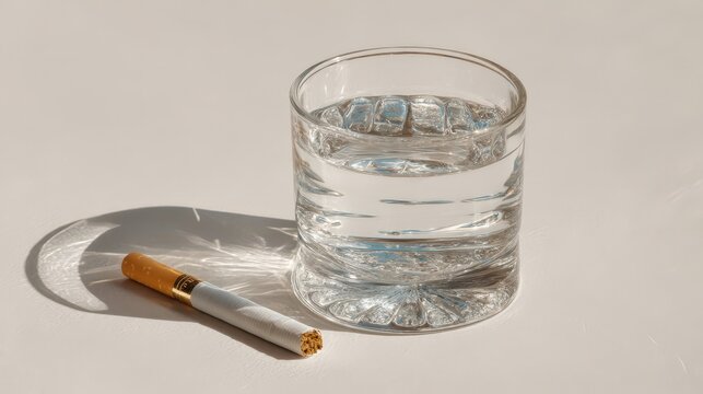Close-up of a glass of water and a cigarette on a light background