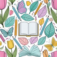 Fototapeta premium This design features a pattern with school elements like tulips, butterflies, and pencils on a white background, capturing a vibrant spring theme.