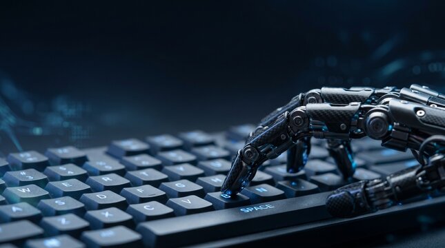 A robotic hand typing on a modern computer keyboard in a technology setup