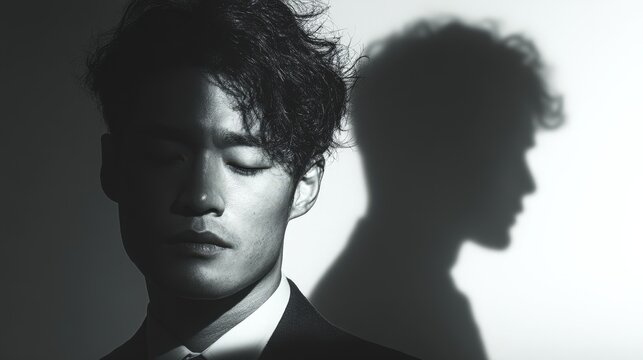 Portrait of a Thoughtful Man with Artistic Shadow Reflection