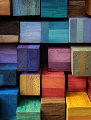 Fototapeta premium A vibrant arrangement of colorful wooden blocks stacked together, showcasing a variety of hues and textures.