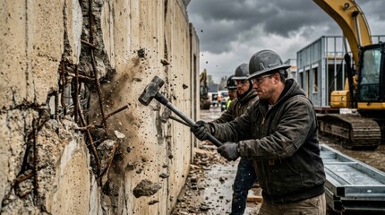 Fototapeta premium Constructors Demolishing A Wall With Sledgehammers For New Construction Project Vision