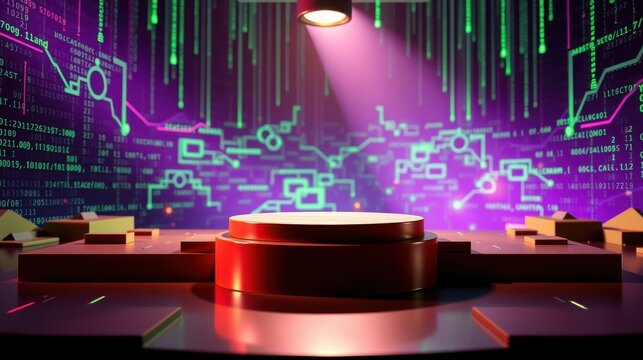 Abstract digital stage. Red pedestal illuminated by spotlight. Matrix code streams background. Futuristic presentation setup.