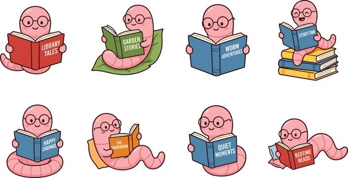  Cute Bookworm Character Set with Pink Worm Wearing Glasses Reading and Stacking Colorful Books in Fun Library Poses