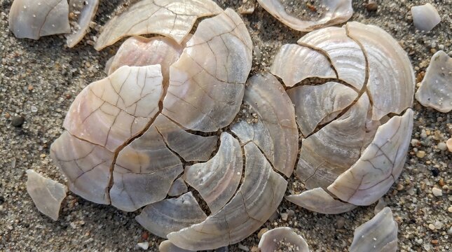 Cracked seashell fragments scattered on sandy beach texture close-up