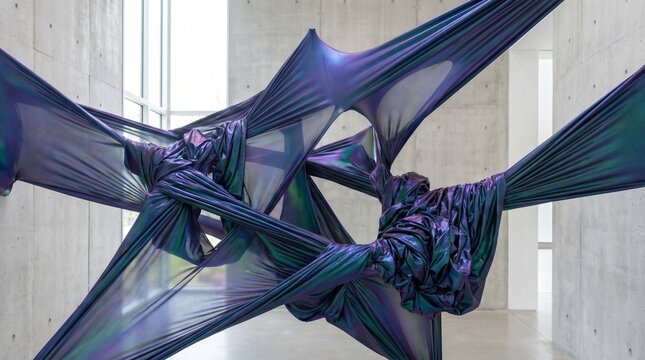 Abstract stretchable material with futuristic texture in dynamic motion against neutral background
