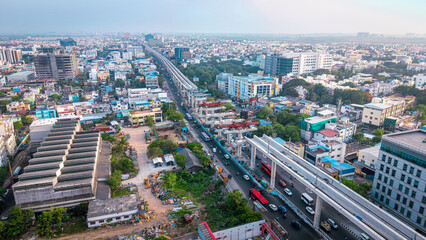 Fototapeta premium Metro rail construction through busy city main roads in Chennai, India