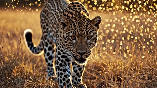 Majestic Leopard Stalks Through Golden Sunlit Savannah Grasslands.