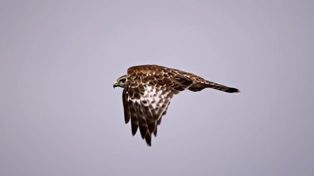 Majestic Hawk in Flight featuring a brown feathered raptor soaring through a clear overcast sky with wings spread ideal for wildlife documentaries and nature conservation projects.