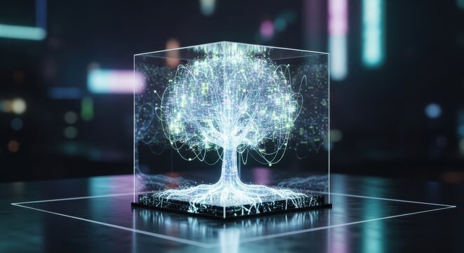 Glowing digital tree of knowledge encased in a futuristic cube