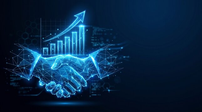 Two hands shaking in a business agreement with a digital growth graph in the background