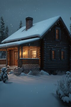 Snow falling outside of a log cabin during a stunning cold winter.