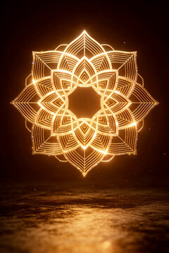 Abstract background with golden glowing mandala ornament and shiny sacred geometry