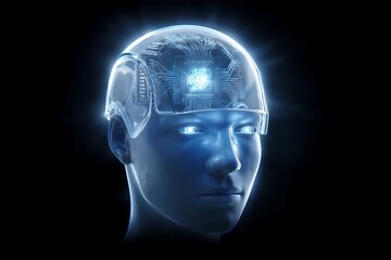 Obraz premium AI robot head with translucent face panel revealing internal circuitry, glowing blue core, dark background, dramatic lighting