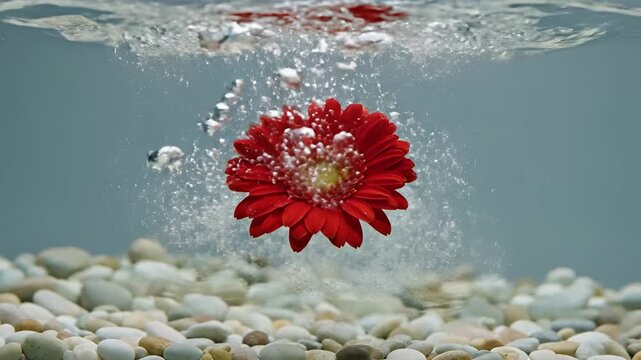 Red Gerbera Flower Submerged in Water with Bubbles and Pebbles.