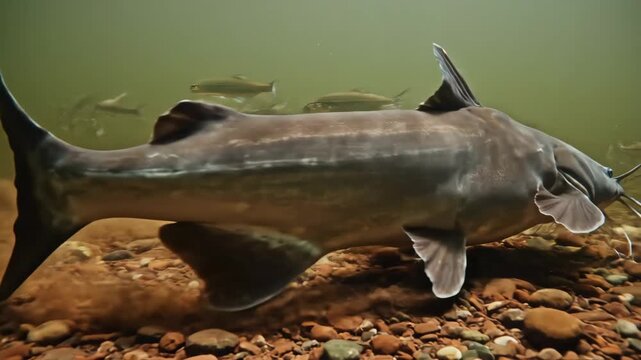 Majestic Catfish Underwater swimming over a rocky riverbed with long barbels in murky water ideal for nature documentaries and aquatic life presentations.