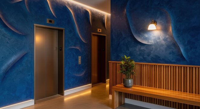 Luxurious deep blue textured wall with ambient lighting in a modern building hallway, featuring elevators and wood accents