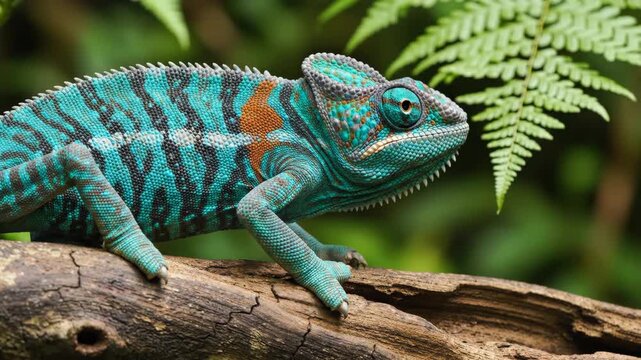 Vibrant Turquoise Chameleon with detailed scales and orange patterns on a wooden branch in a lush tropical forest ideal for nature documentaries and wildlife education.