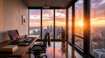 Fototapeta premium A modern home office with a stunning sunset view of the city skyline