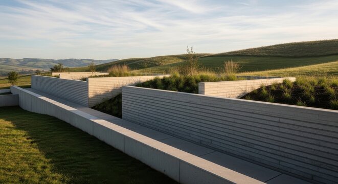 Modern Linear Concrete Architecture with Terraced Landscaping and Rolling Hills Under a Bright Sky