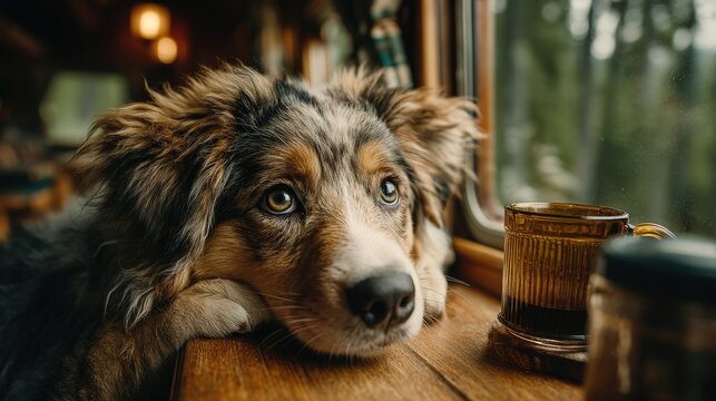 Thoughtful Dog Relaxing by Window in Cozy Cabin Setting