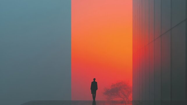 Solitary Figure Against Vibrant Sunset in Foggy Urban Environment