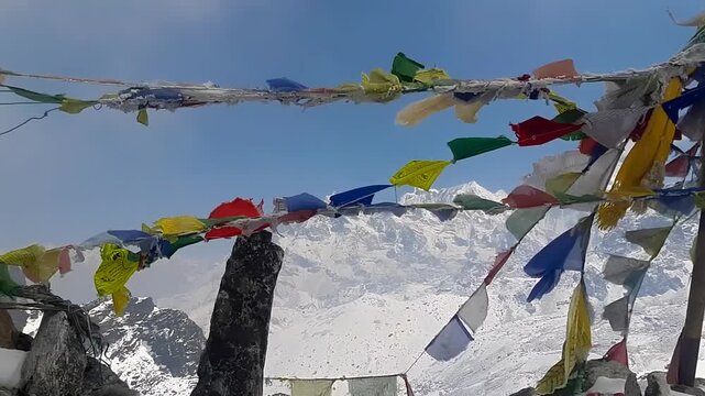 Prayer Flags Waving at Sele Le Pass in the Nepal Himalayas.