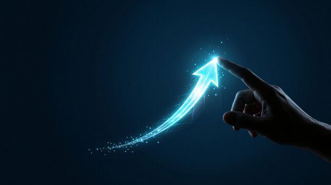 A hand points to a glowing blue arrow on a dark background symbolizing progress