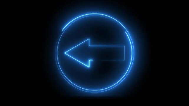 Glowing neon blue color direction left arrow sign icon animation journey information road sign signal circle sign symbol on black background