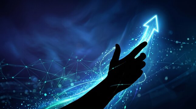 A futuristic digital hand touching a glowing arrow in a technology-themed background
