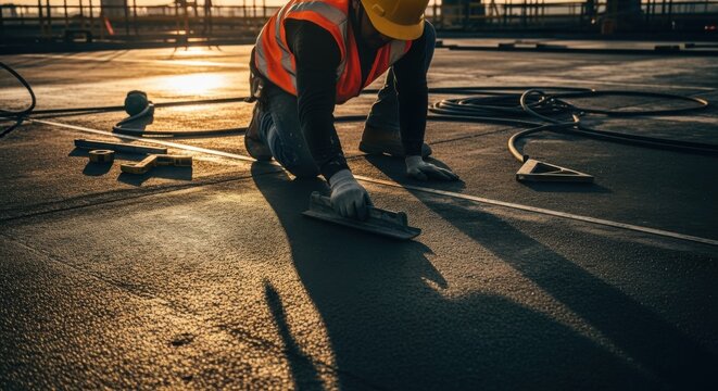 Craftsman Smoothing Cement Surface at Construction Site At Sunset With Orange Vest