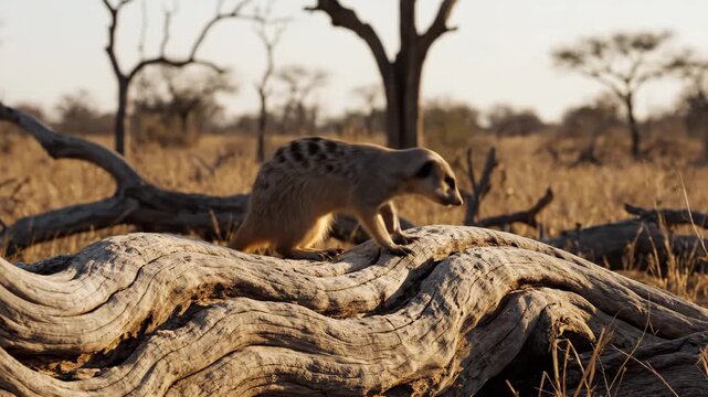 Alert Meerkat in Savanna scurrying past weathered fallen logs in a dry wilderness during golden hour ideal for wildlife documentaries and nature conservation videos.