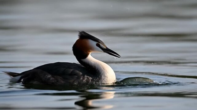 Elegant Great Crested Grebe swimming gracefully on calm lake water with soft ripples ideal for wildlife documentaries and nature conservation projects.