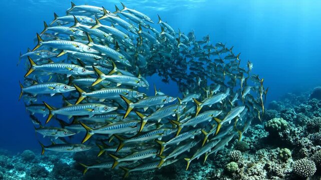 Majestic Barracuda Tornado Large School of Silver Fish Swimming in a Circular Vortex Over a Vibrant Coral Reef ideal for nature documentaries and marine conservation campaigns.