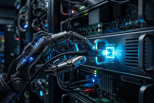 Macro close up of a robotic humanoid hand connecting an optical fiber data link cable into a glowing AI server rack.