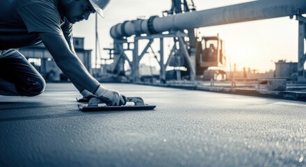 Fototapeta premium Craftsman Smoothing Concrete on Construction Site at Sunset, Professional Work