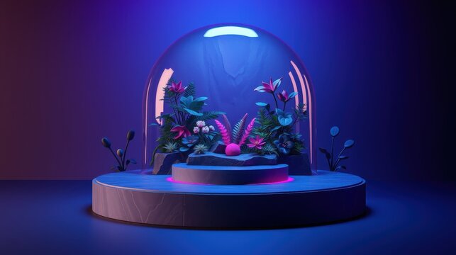 Vibrant plants inside glass dome. Blue, purple lighting creates dramatic scene. Minimalist presentation, modern aesthetic. Focus on botanical beauty.