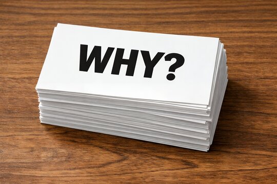 Stack of cards displaying the word WHY? with a question mark