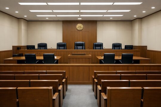 Modern empty courtroom with wooden benches and judicial emblem