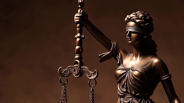 Bronze statue of Lady Justice holding scales and a sword in a dimly lit setting