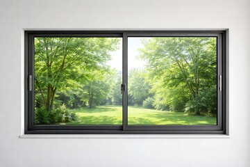 Fototapeta premium Modern sliding window with green park view on sunny day