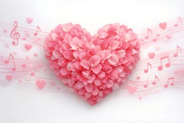 Obraz premium Pink petal heart with musical notes and small hearts