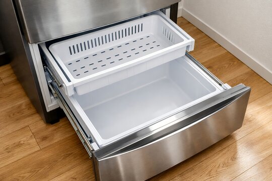 Open bottom freezer drawer with empty ice maker and storage bin