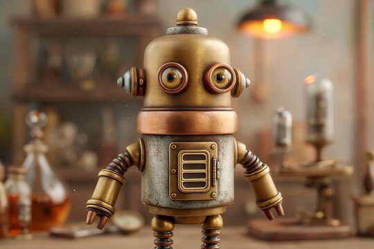 Robot with retro-futuristic design, brass and copper finish, vacuum tube details, steampunk lab background, warm amber lighting